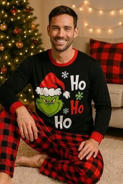 Christmas Grinch Pajama Set Men’s Medium Buffalo Plaid Ho Ho Ho